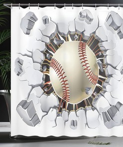 Baseball Damage Shower Curtain, Sports Bathroom Decor with Old Plaster Concrete Wall Illustration, Ivory Grey Orange
