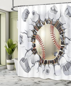 Baseball Damage Shower Curtain, Sports Bathroom Decor with Old Plaster Concrete Wall Illustration, Ivory Grey Orange