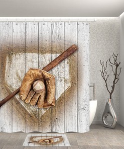 Baseball Glove and Bat Fabric Shower Curtain for Sports Bathroom Decor 