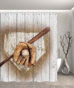 Baseball Glove and Bat Fabric Shower Curtain for Sports Bathroom Decor