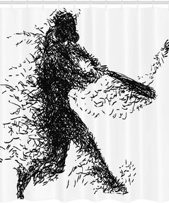 Baseball Player Shower Curtain, Grunge Style Abstract Illustration Bathroom Decor, Charcoal Grey White