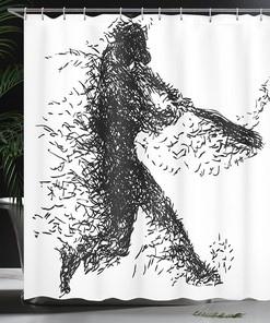 Baseball Player Shower Curtain, Grunge Style Abstract Illustration Bathroom Decor, Charcoal Grey White