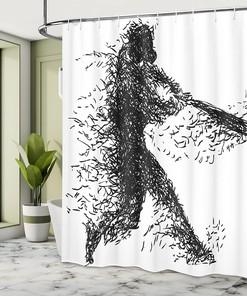 Baseball Player Shower Curtain, Grunge Style Abstract Illustration Bathroom Decor, Charcoal Grey White