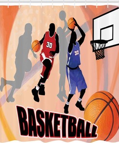 Basketball Action Players Shower Curtain, Classical Poster Style Print Cloth Bathroom Decor in Orange Black