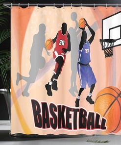 Basketball Action Players Shower Curtain, Classical Poster Style Print Cloth Bathroom Decor in Orange Black