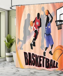 Basketball Action Players Shower Curtain, Classical Poster Style Print Cloth Bathroom Decor in Orange Black