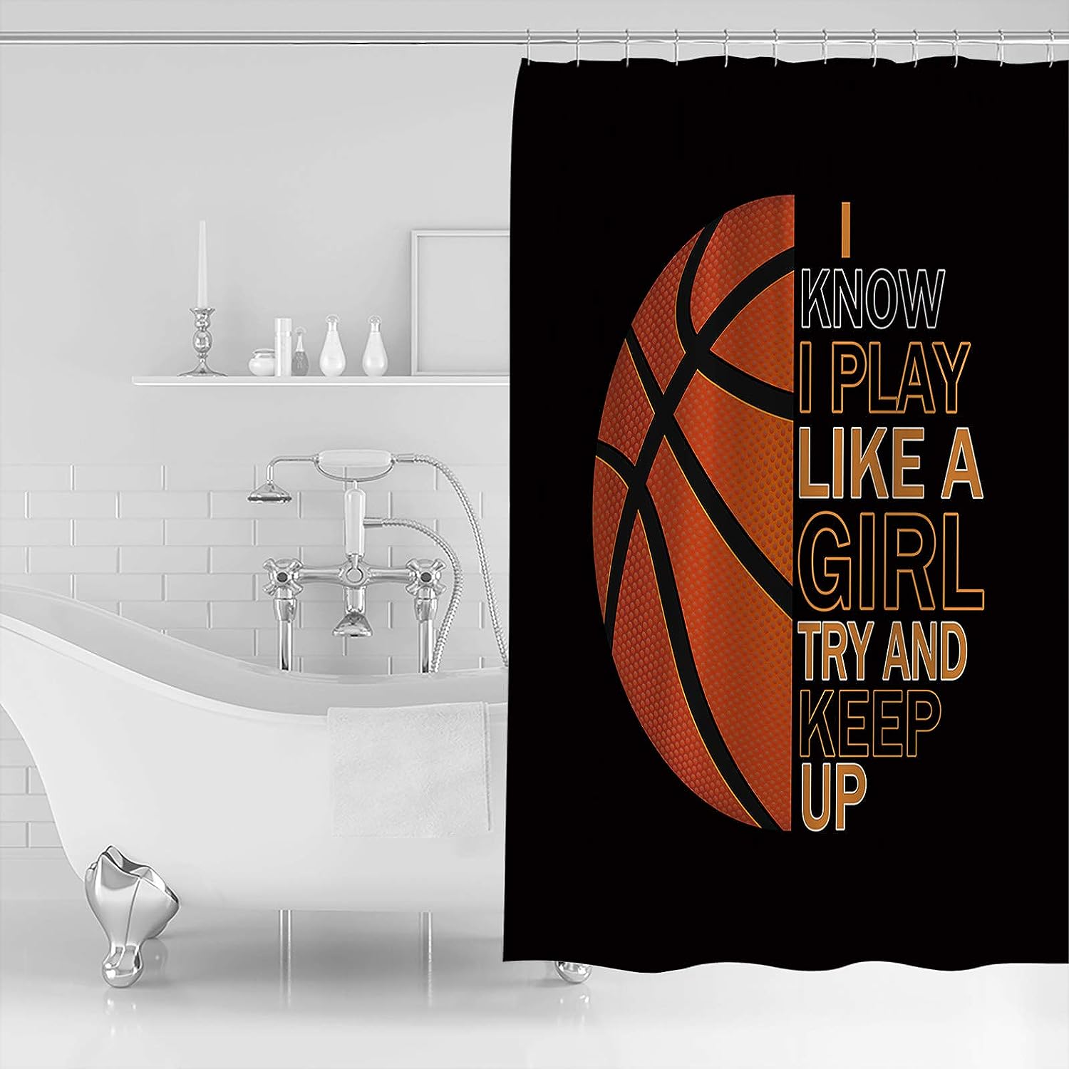 Basketball Girl Shower Curtain with Black Background | Home Decor Bathroom Curtain