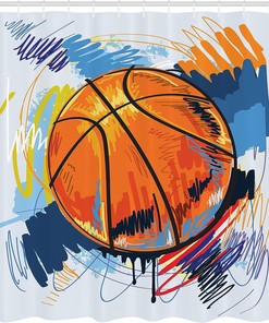 Basketball Player Shower Curtain, Sports Bathroom Decor with Silhouettes Shooting The 3-Pointer Moment