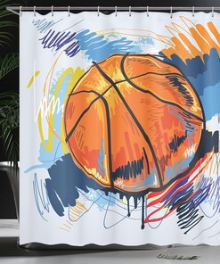 Basketball Player Shower Curtain, Sports Bathroom Decor with Silhouettes Shooting The 3-Pointer Moment
