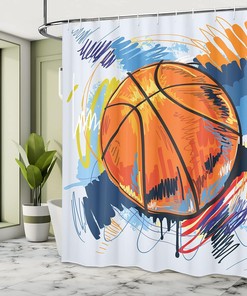 Basketball Player Shower Curtain, Sports Bathroom Decor with Silhouettes Shooting The 3-Pointer Moment