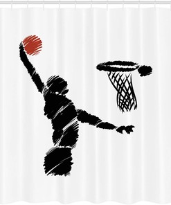 Basketball Shower Curtain, Hand Drawn Basketball Player Jumping Art, Cloth Bathroom Decor W, Cinnamon, Black