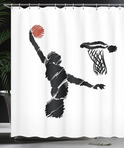 Basketball Shower Curtain, Hand Drawn Basketball Player Jumping Art, Cloth Bathroom Decor W, Cinnamon, Black