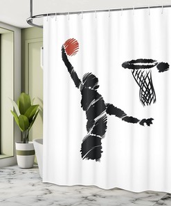 Basketball Shower Curtain, Hand Drawn Basketball Player Jumping Art, Cloth Bathroom Decor W, Cinnamon, Black