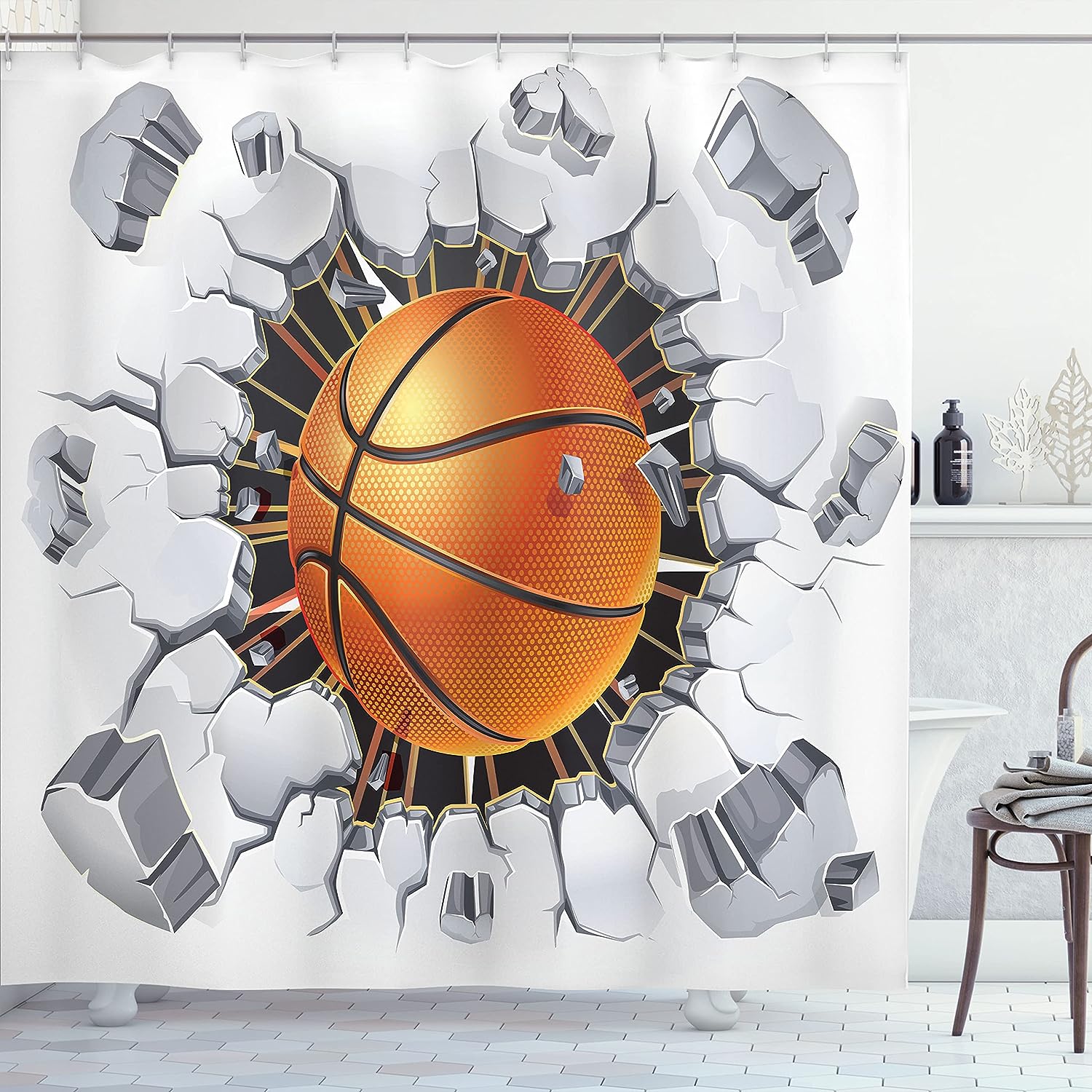 Basketball Sketch Shower Curtain, Sports Bathroom Decor with Colorful Background, Orange Blue Cloth Fabric
