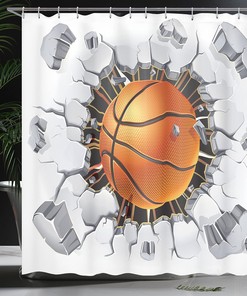 Basketball Sketch Shower Curtain, Sports Bathroom Decor with Colorful Background, Orange Blue Cloth Fabric