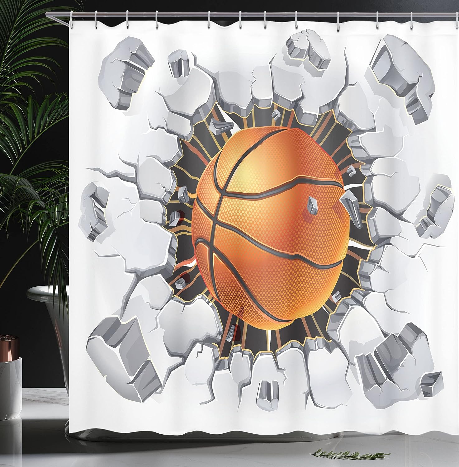 Basketball Sketch Shower Curtain, Sports Bathroom Decor with Colorful Background, Orange Blue Cloth Fabric