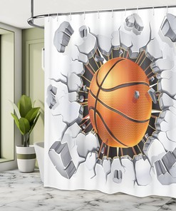 Basketball Sketch Shower Curtain, Sports Bathroom Decor with Colorful Background, Orange Blue Cloth Fabric