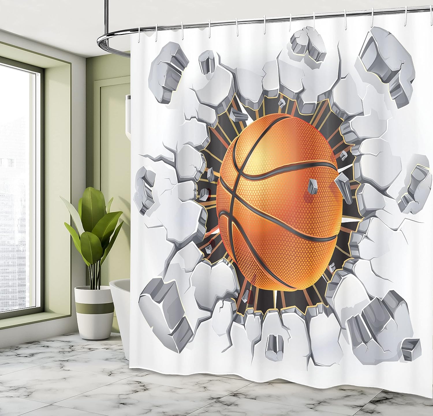 Basketball Sketch Shower Curtain, Sports Bathroom Decor with Colorful Background, Orange Blue Cloth Fabric