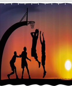 Basketball Sunset Shower Curtain, Boys Playing at Horizon Sky Scenery, Teen Room Decor