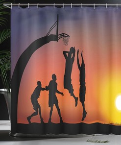 Basketball Sunset Shower Curtain, Boys Playing at Horizon Sky Scenery, Teen Room Decor