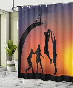 Basketball Sunset Shower Curtain, Boys Playing at Horizon Sky Scenery, Teen Room Decor
