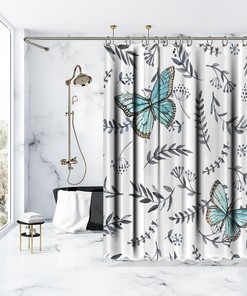 Bathtub Bathroom Decorations with Waterproof Button Hole Shower Drapes and Artistic Butterflies Design