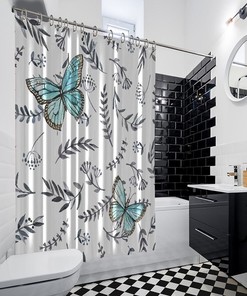 Bathtub Bathroom Decorations with Waterproof Button Hole Shower Drapes and Artistic Butterflies Design