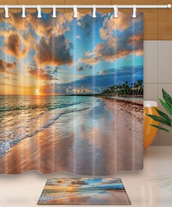 Beach Fabric Shower Curtain Setting Sun Ocean Waves Bathroom Decor