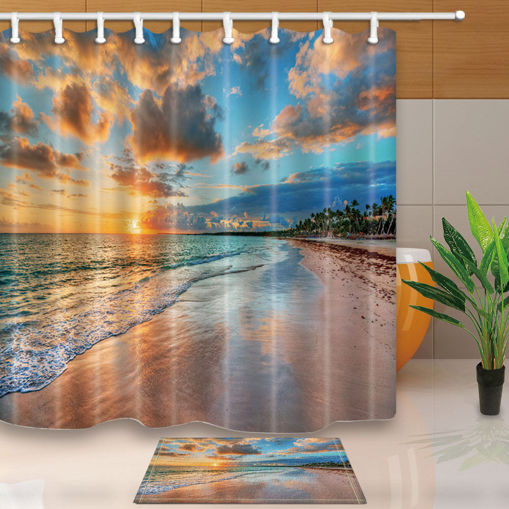 Beach Fabric Shower Curtain Setting Sun Ocean Waves Bathroom Decor