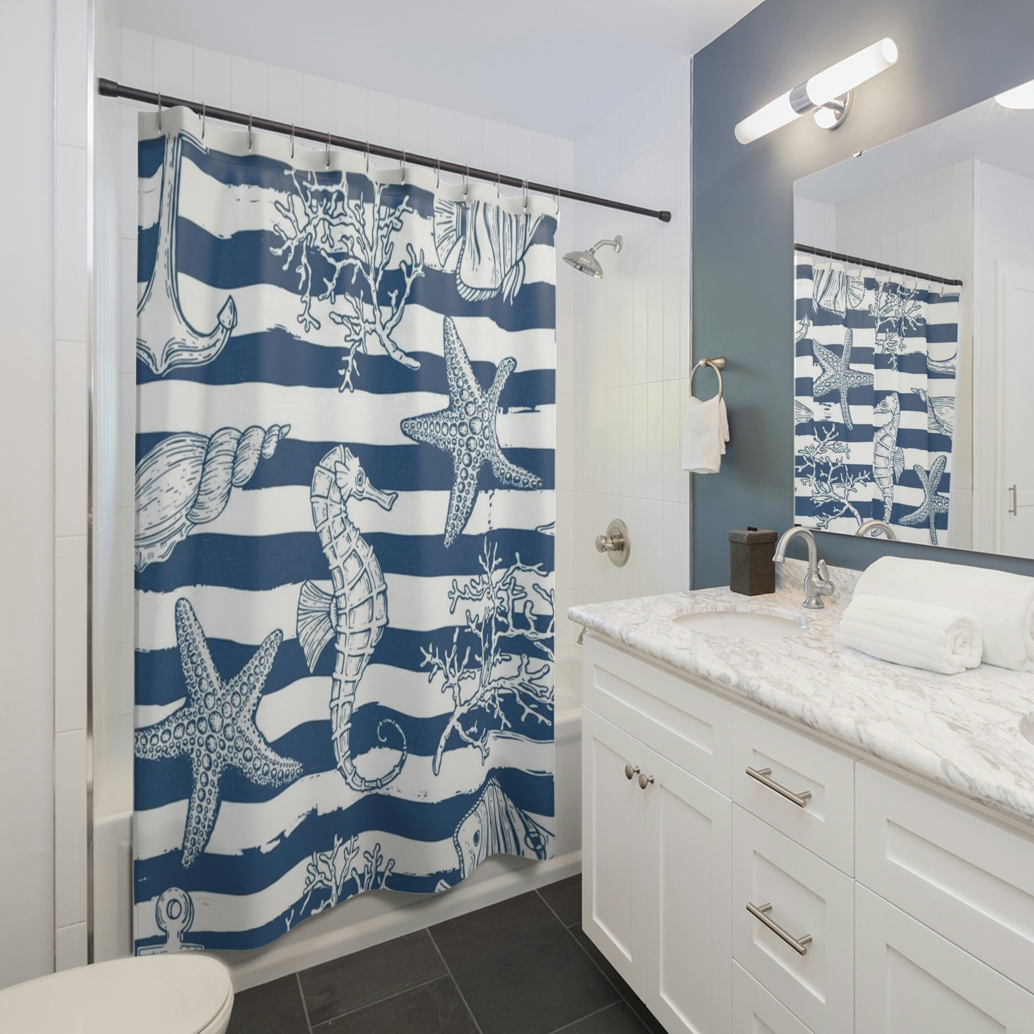 Beach House Bathroom Accessories Beachy SeaShell Seahorse Shower Curtain