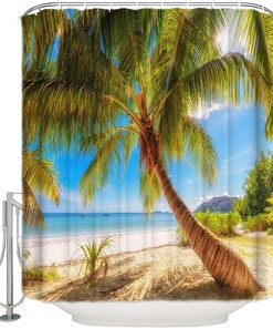 Beach Seaside Tropical Palm Tree Nature Landscape Bathroom Shower Curtain - Waterproof Fabric 
