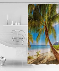 Beach Seaside Tropical Palm Tree Nature Landscape Bathroom Shower Curtain - Waterproof Fabric