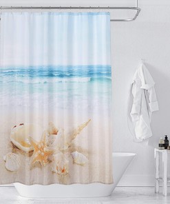 Beach Theme Shower Curtain with Conch Seashells and Yellow Starfish for Summer Vibes