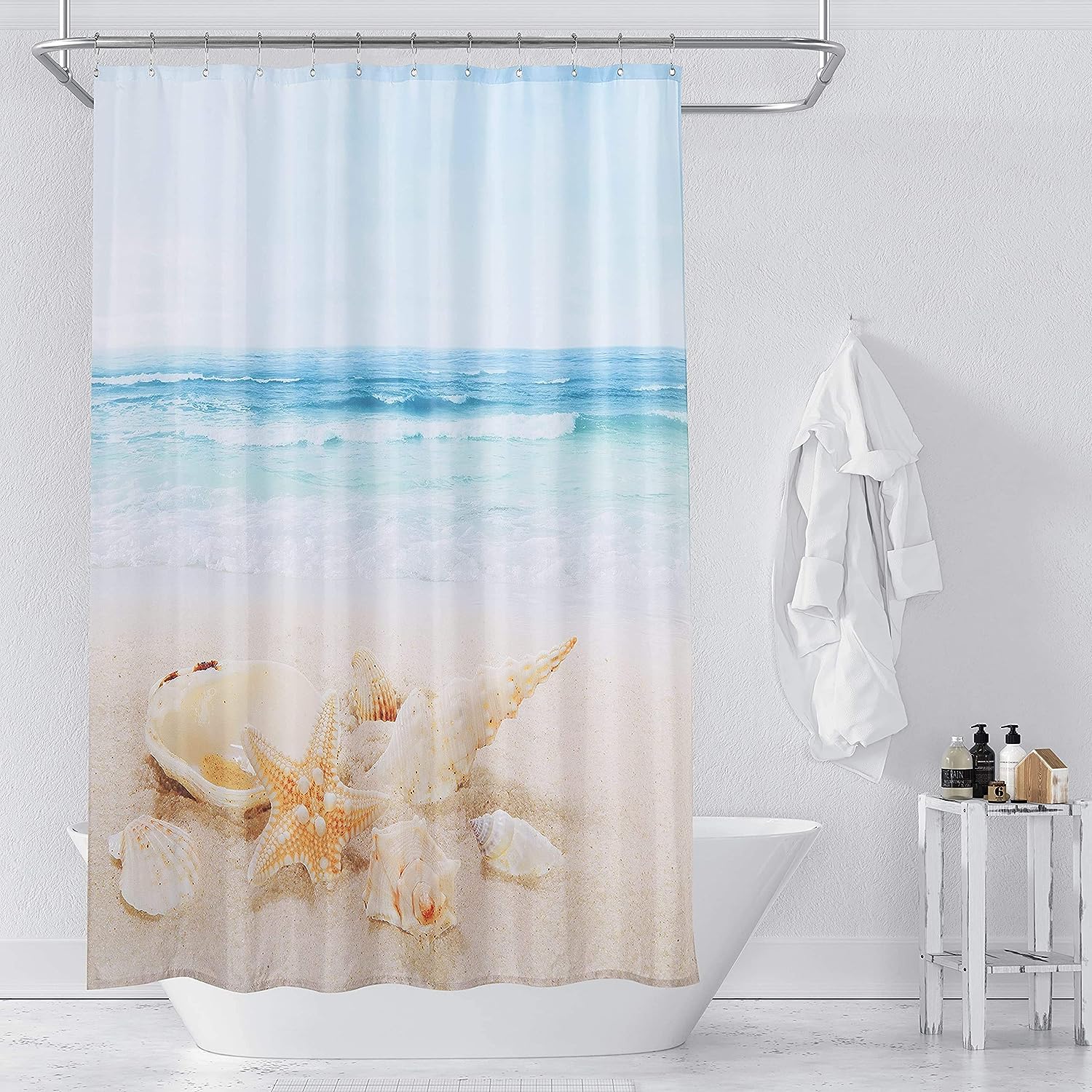 Beach Theme Shower Curtain with Conch Seashells and Yellow Starfish for Summer Vibes