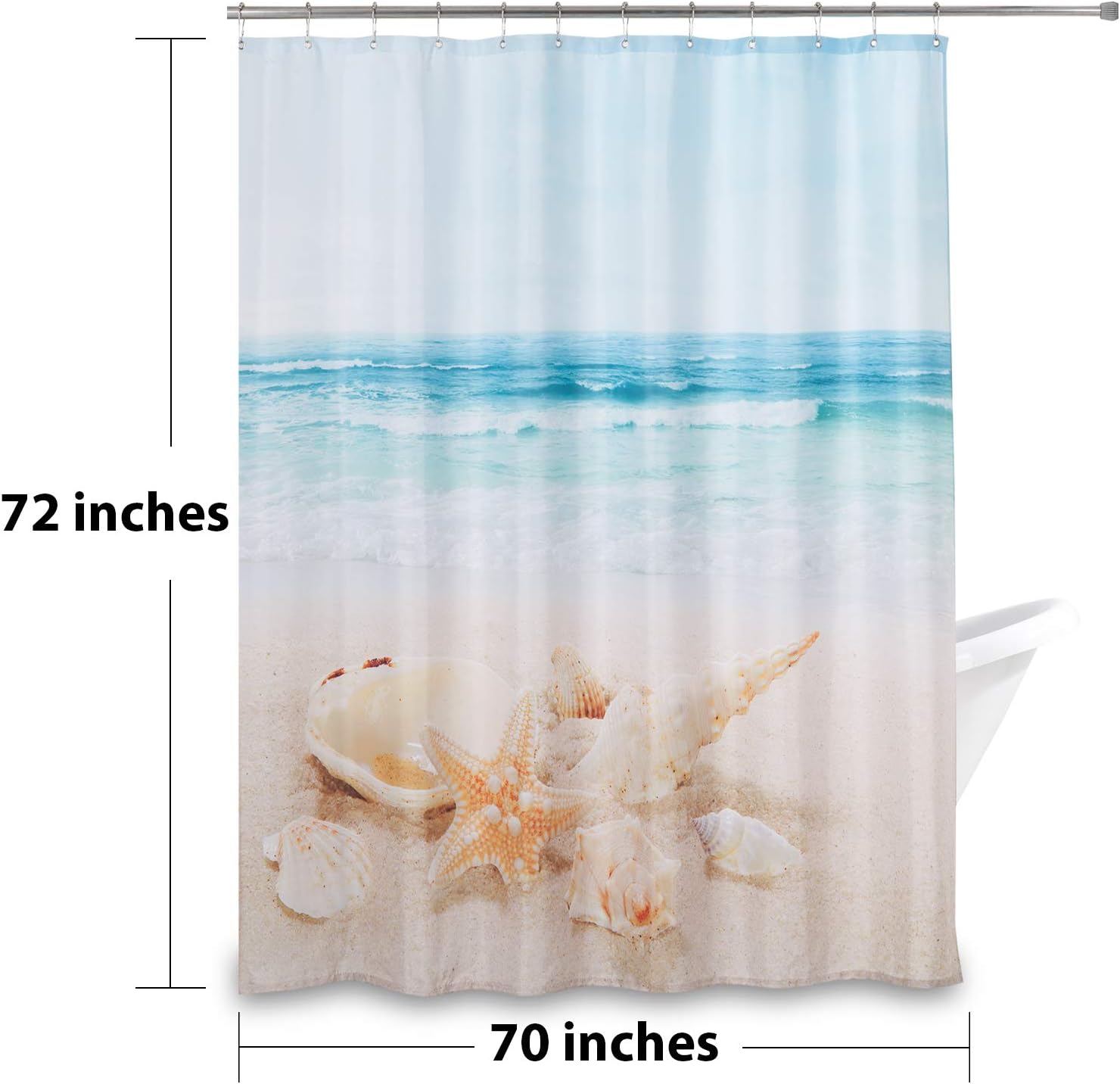 Beach Theme Shower Curtain with Conch Seashells and Yellow Starfish for Summer Vibes