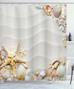 Beachy Seashell Shower Curtain, Colorful Ocean Wildlife Theme with Starfish and Sand, Home Decor