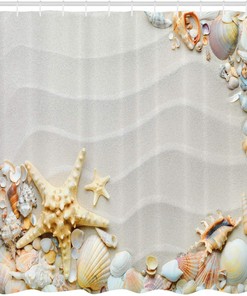 Beachy Seashell Shower Curtain, Colorful Ocean Wildlife Theme with Starfish and Sand, Home Decor