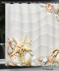 Beachy Seashell Shower Curtain, Colorful Ocean Wildlife Theme with Starfish and Sand, Home Decor