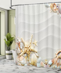 Beachy Seashell Shower Curtain, Colorful Ocean Wildlife Theme with Starfish and Sand, Home Decor