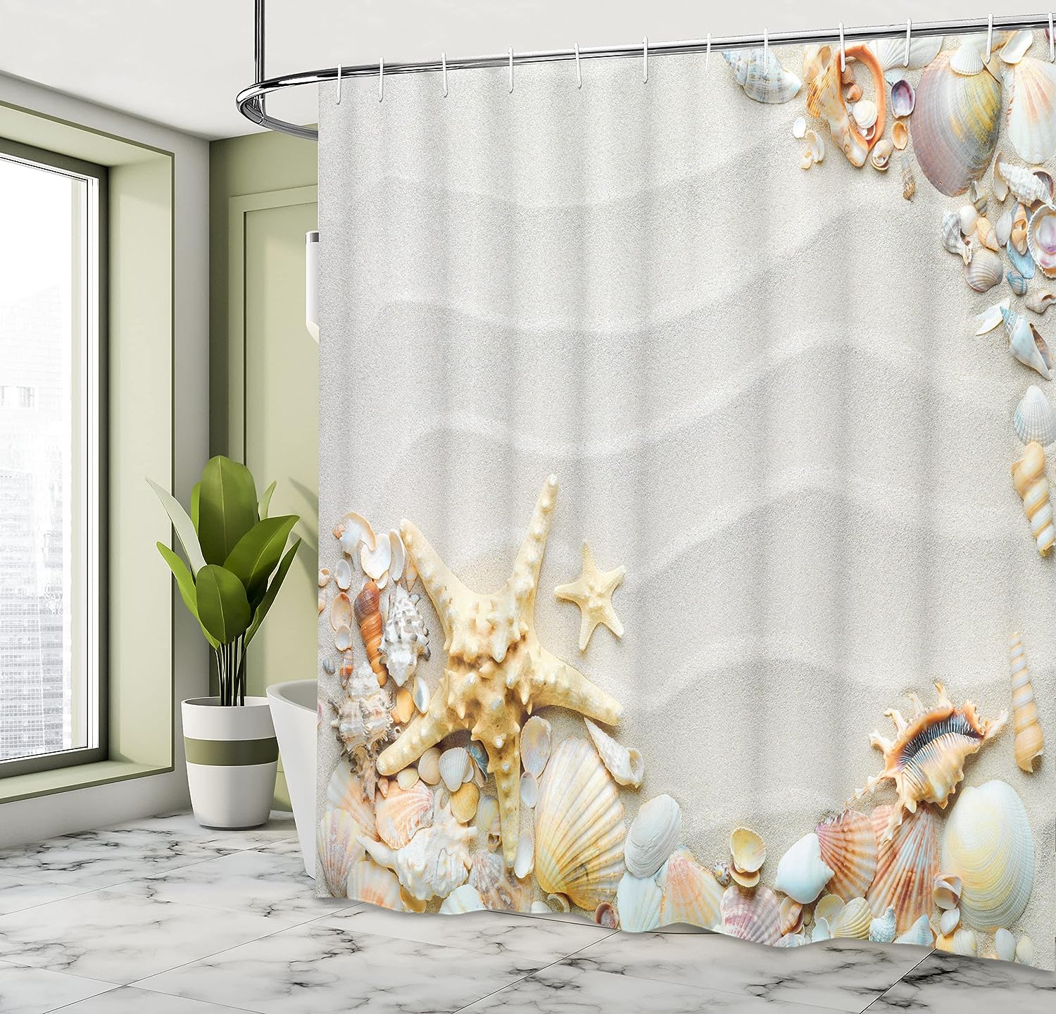 Beachy Seashell Shower Curtain, Colorful Ocean Wildlife Theme with Starfish and Sand, Home Decor