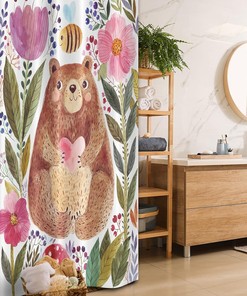 Bear Flowers and Bee Stall Shower Curtain, Animal Nature Modern Illustration Fabric Bathroom Decor