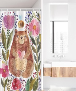 Bear Flowers and Bee Stall Shower Curtain, Animal Nature Modern Illustration Fabric Bathroom Decor