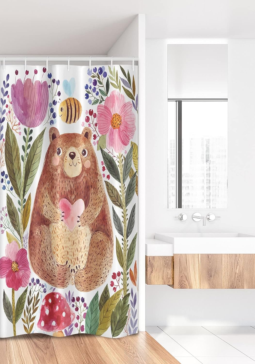 Bear Flowers and Bee Stall Shower Curtain, Animal Nature Modern Illustration Fabric Bathroom Decor