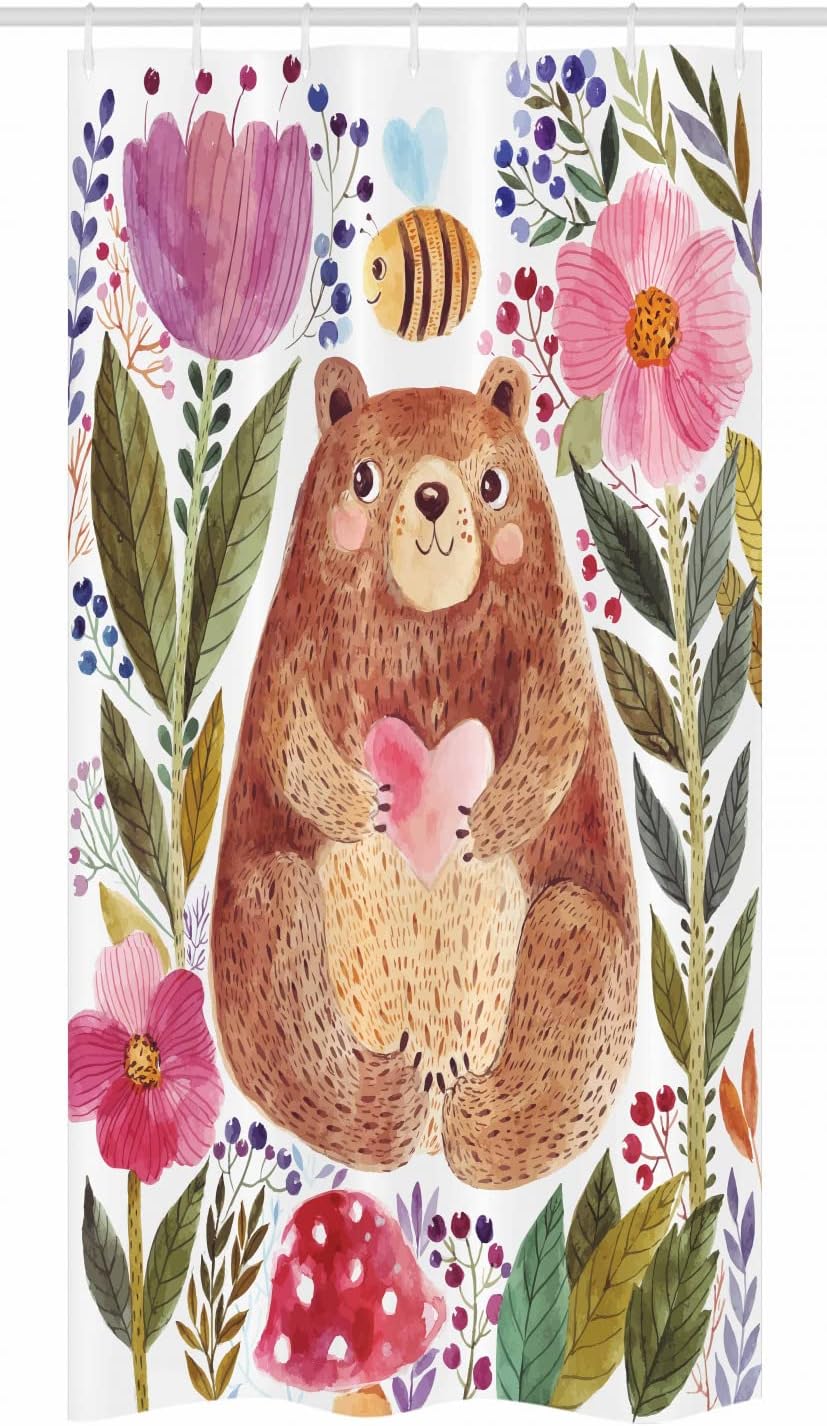 Bear Flowers and Bee Stall Shower Curtain, Animal Nature Modern Illustration Fabric Bathroom Decor