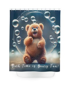Bear Shower Curtain for Kid's Bathroom with Rustic Lodge Cabin Theme 