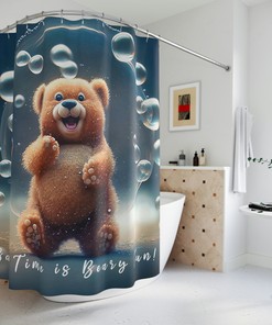 Bear Shower Curtain for Kid's Bathroom with Rustic Lodge Cabin Theme 