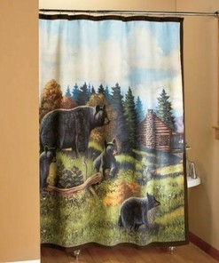 Bear Shower Curtain with Evergreen Woodland Logs Cabin Decor for Bathroom