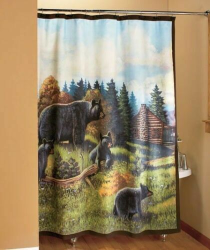 Bear Shower Curtain with Evergreen Woodland Logs Cabin Decor for Bathroom