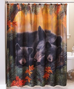 Bear Shower Curtain with Pine Cone Woodland Logs Cabin Decor for Bathroom