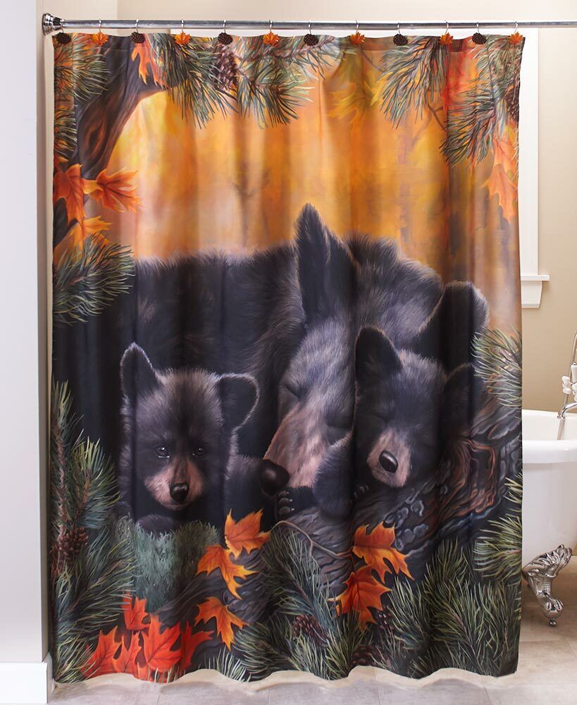 Bear Shower Curtain with Pine Cone Woodland Logs Cabin Decor for Bathroom